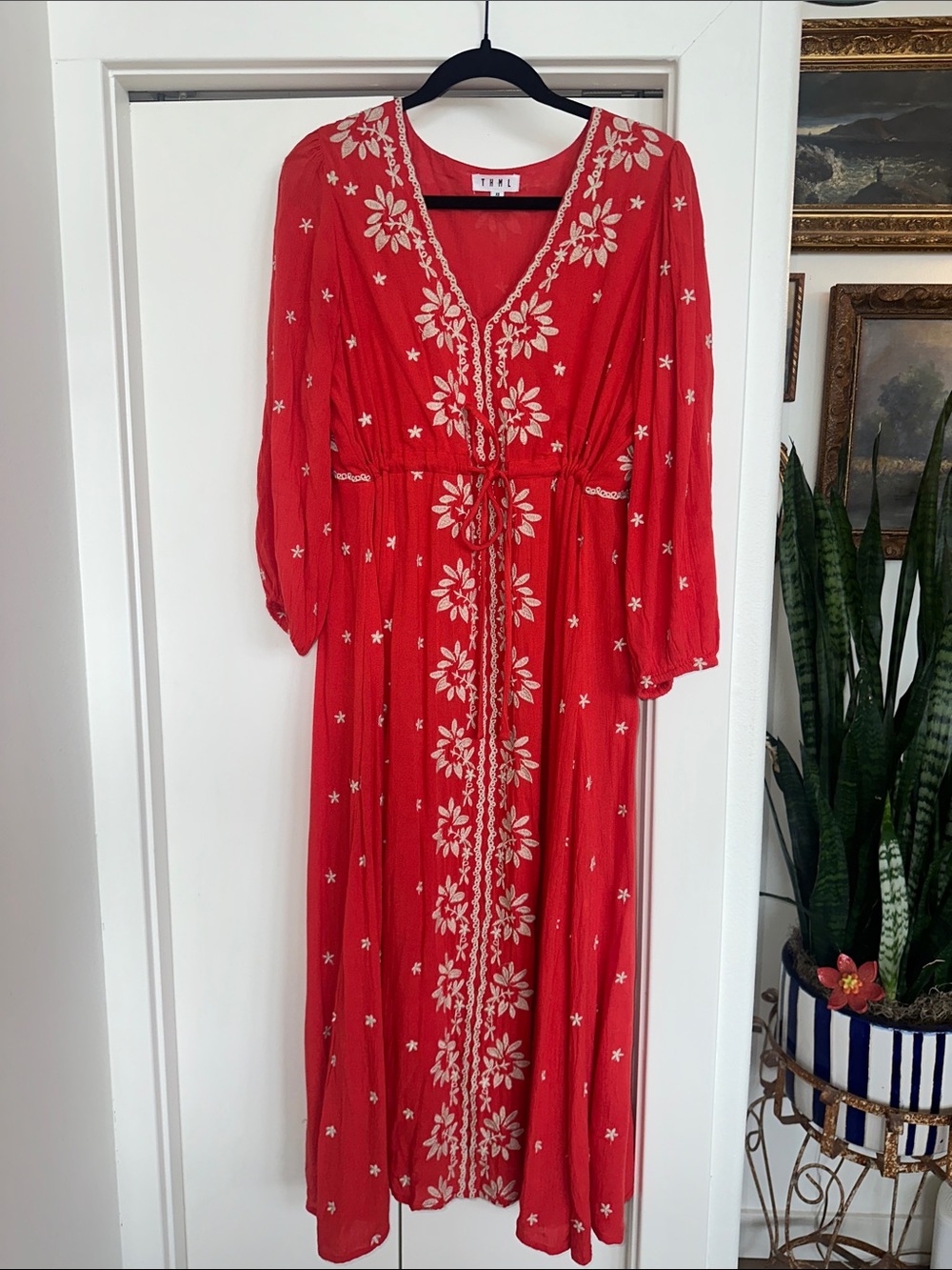 THML Red Maxi Dress with Cream Floral Embroidery